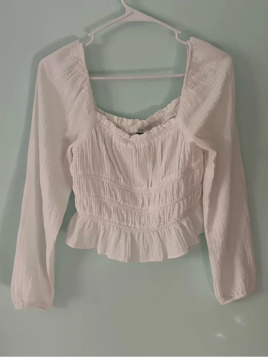 wild fable White Cropped Smocked Peasant Blouse with Ruffle Hem - Picture 1 of 8